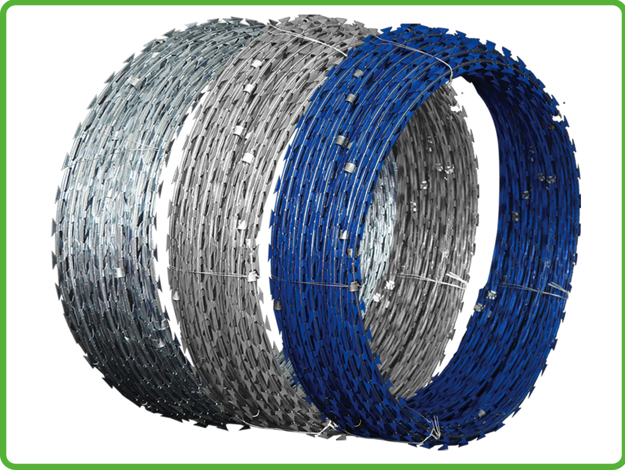 Coils of razor barbed wire stacked at the factory